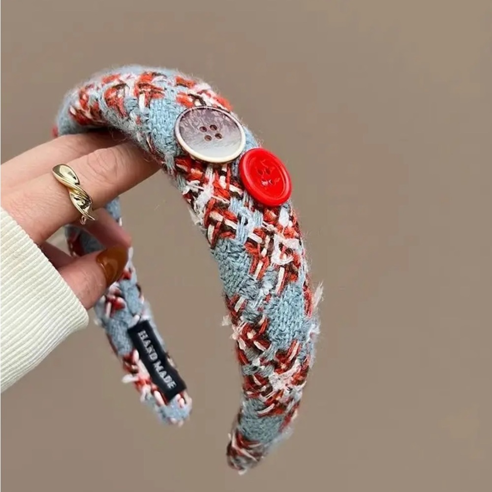 Blue Vintage-Inspired Button Embellished Fleece Headband
